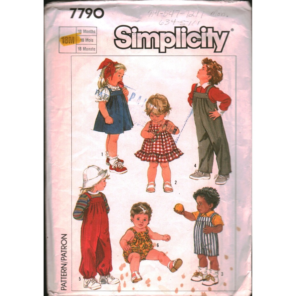 Simplicity 7790 Vintage 1986 Babies Overalls Sundress Jumper Bubble Suit Sz‎ 18M